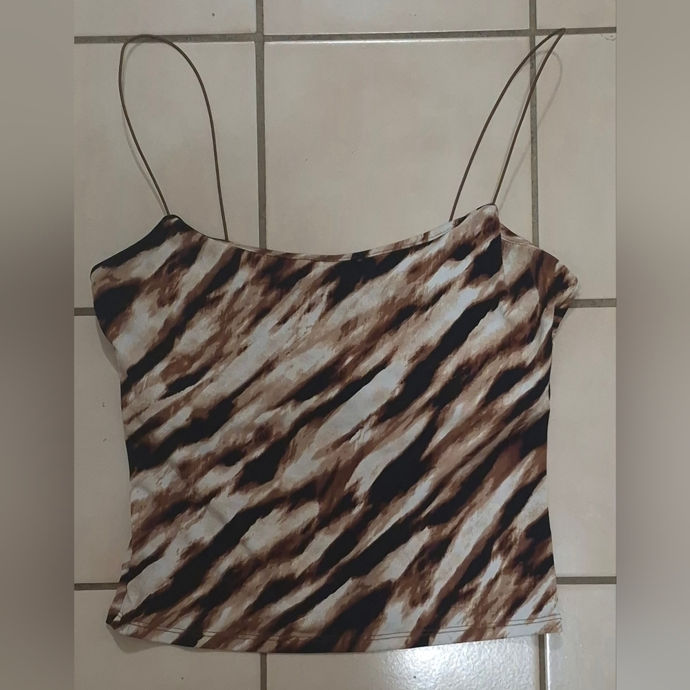 Leith Printed Stretch Tank with Built-In Shelf Bra β Brown Animal Print (S)